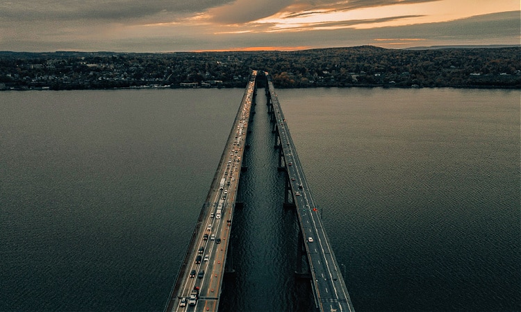 An aerial view of the Newburgh-Beacon Bridge heading towards Newburgh NY.