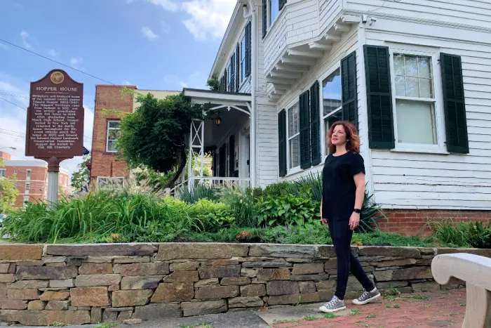 Jackie in front of the Edward Hopper House Museum and Study Center