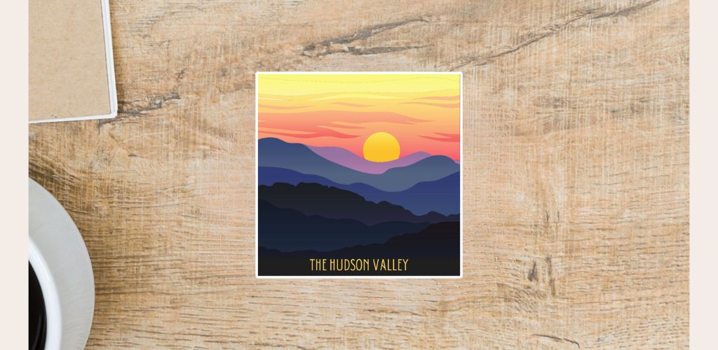 A Hudson Valley sticker featuring a beautiful sunset over mountains